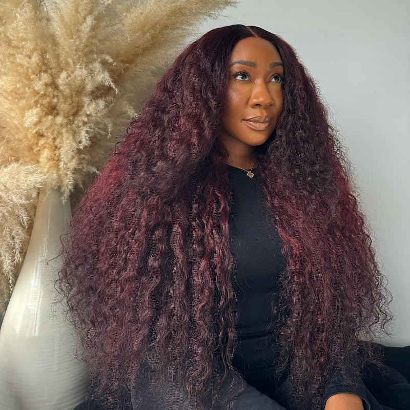 Curtain Bangs Body Wave Wig Dark Burgundy 99J Lace Front Human Hair Wigs 180% Density