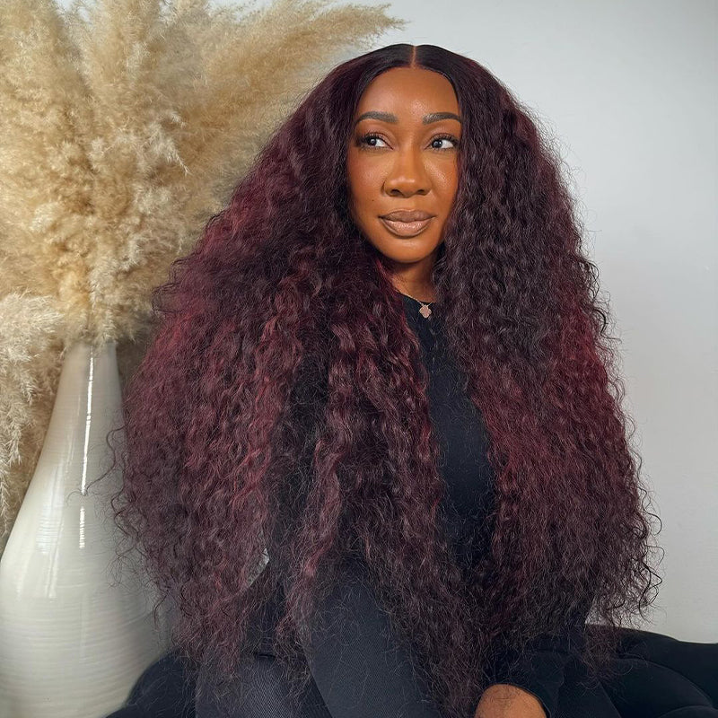 Curtain Bangs Body Wave Wig Dark Burgundy 99J Lace Front Human Hair Wigs 180% Density