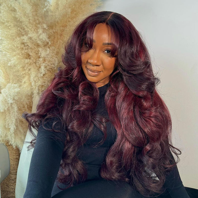 Curtain Bangs Body Wave Wig Dark Burgundy 99J Lace Front Human Hair Wigs 180% Density