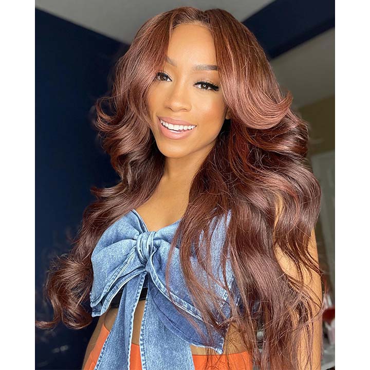 Curtain Bangs Glueless Wigs Body Wave Lace Front Wig Brown Colored Wig 180% Density