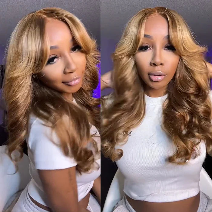 Curtain Bangs Glueless Wigs Honey Blonde Body Wave Wear Go HD Lace Wig 180% Density