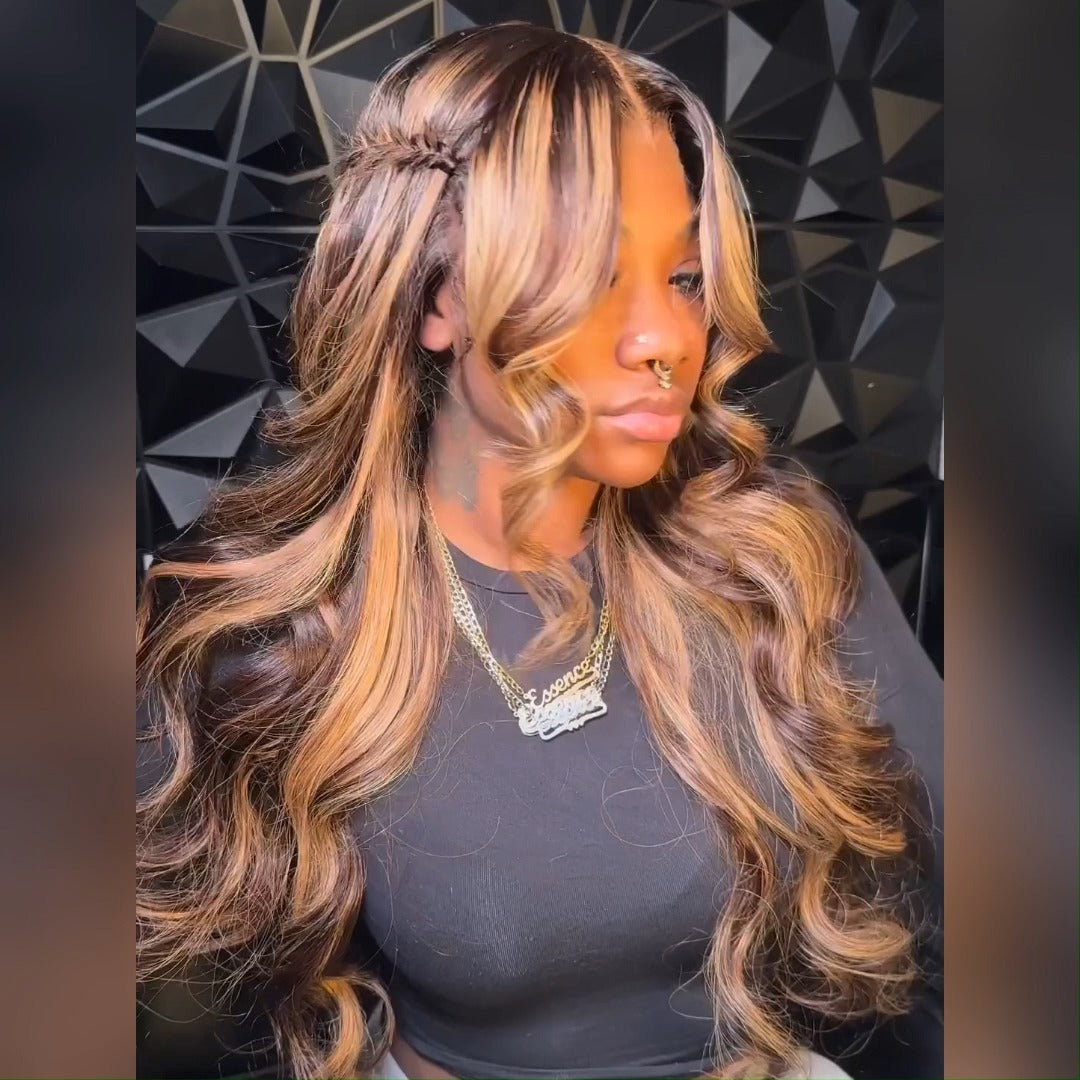 Curtain Bangs Honey Blonde Body Wave Lace Front Wigs Highlight Brown HD Lace Human Hair Wigs