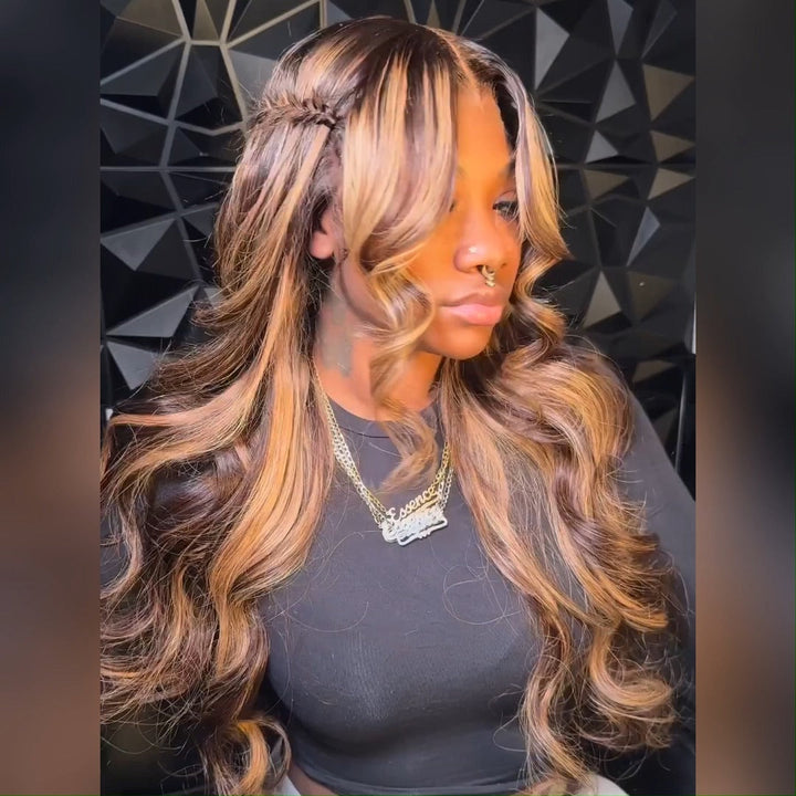 Curtain Bangs Honey Blonde Body Wave Lace Front Wigs Highlight Brown HD Lace Human Hair Wigs