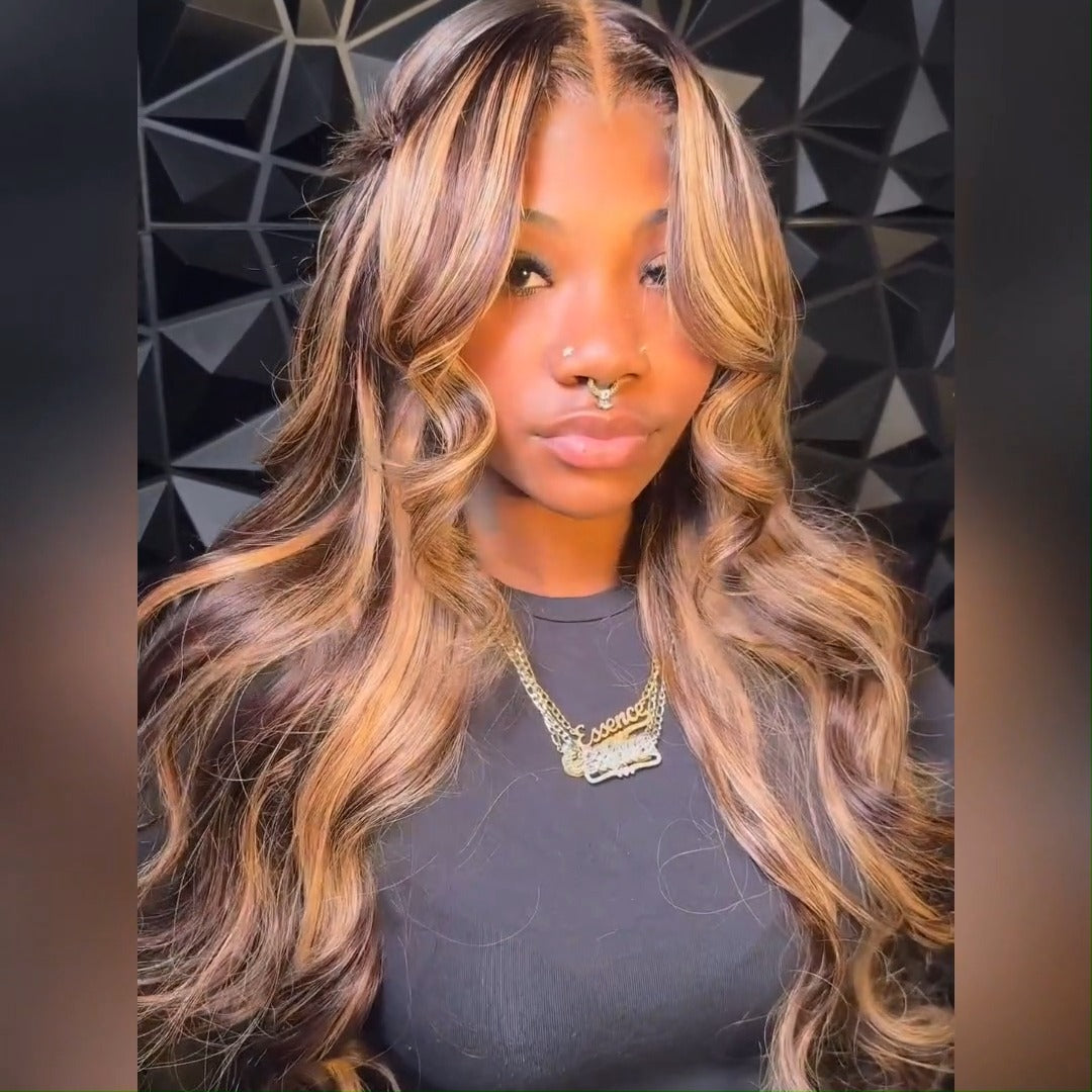 Curtain Bangs Honey Blonde Body Wave Lace Front Wigs Highlight Brown HD Lace Human Hair Wigs