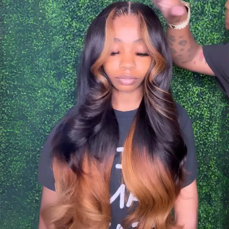 Curtain Bangs Ombre Brown Glueless Wigs T1B/27 Body Wave 13x4 Lace Front Wigs Ombre Pre Plucked Human Hair Wigs