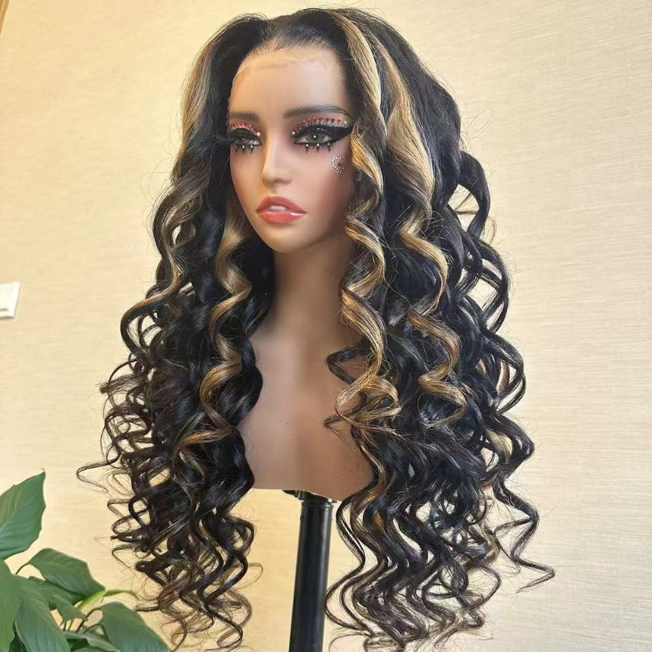 Higligh Blonde Glueless Wigs 13x4 Loose Body Wave Lace Front Curtain Bangs Human Hair Wigs 250% Density