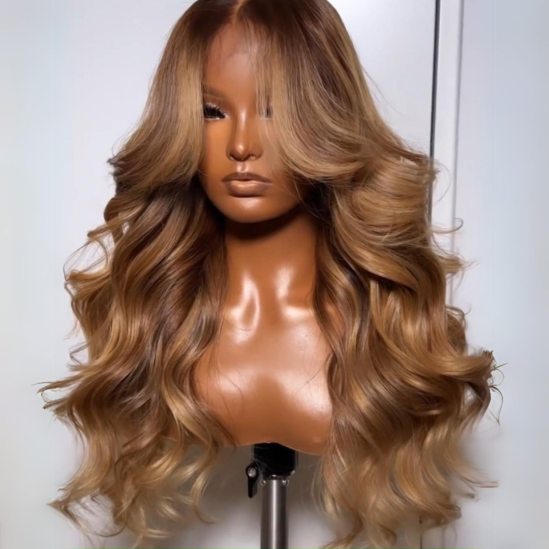 Dark Brown Curtain Bangs 13x4 Lace Front Wig Brown with Blonde Highlights Lace Front Human Hair Wigs