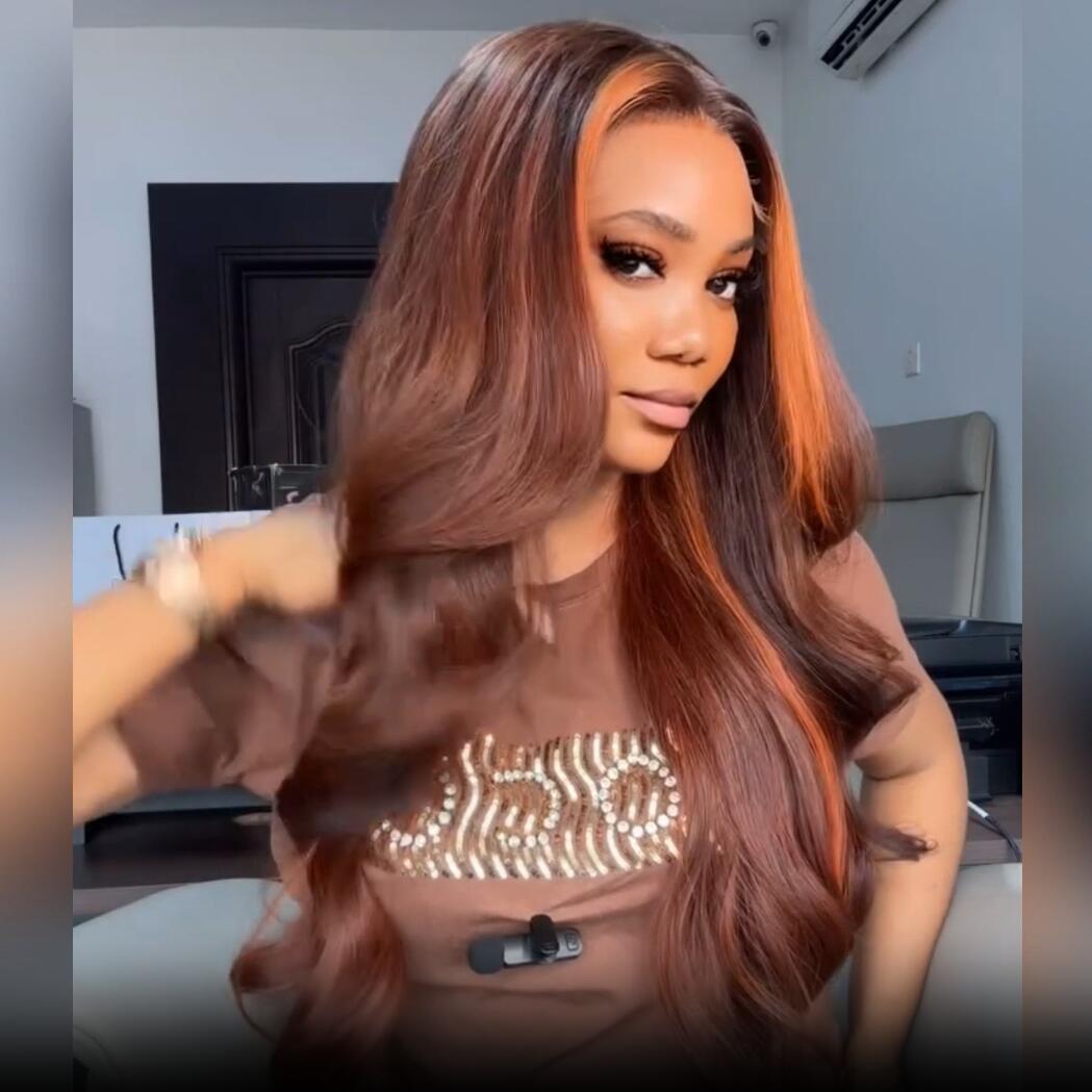 Dark Brown Highlight Body Wave HD Transparent Lace Front Wig Copper Color Face Frame Highlights Human Hair Wigs