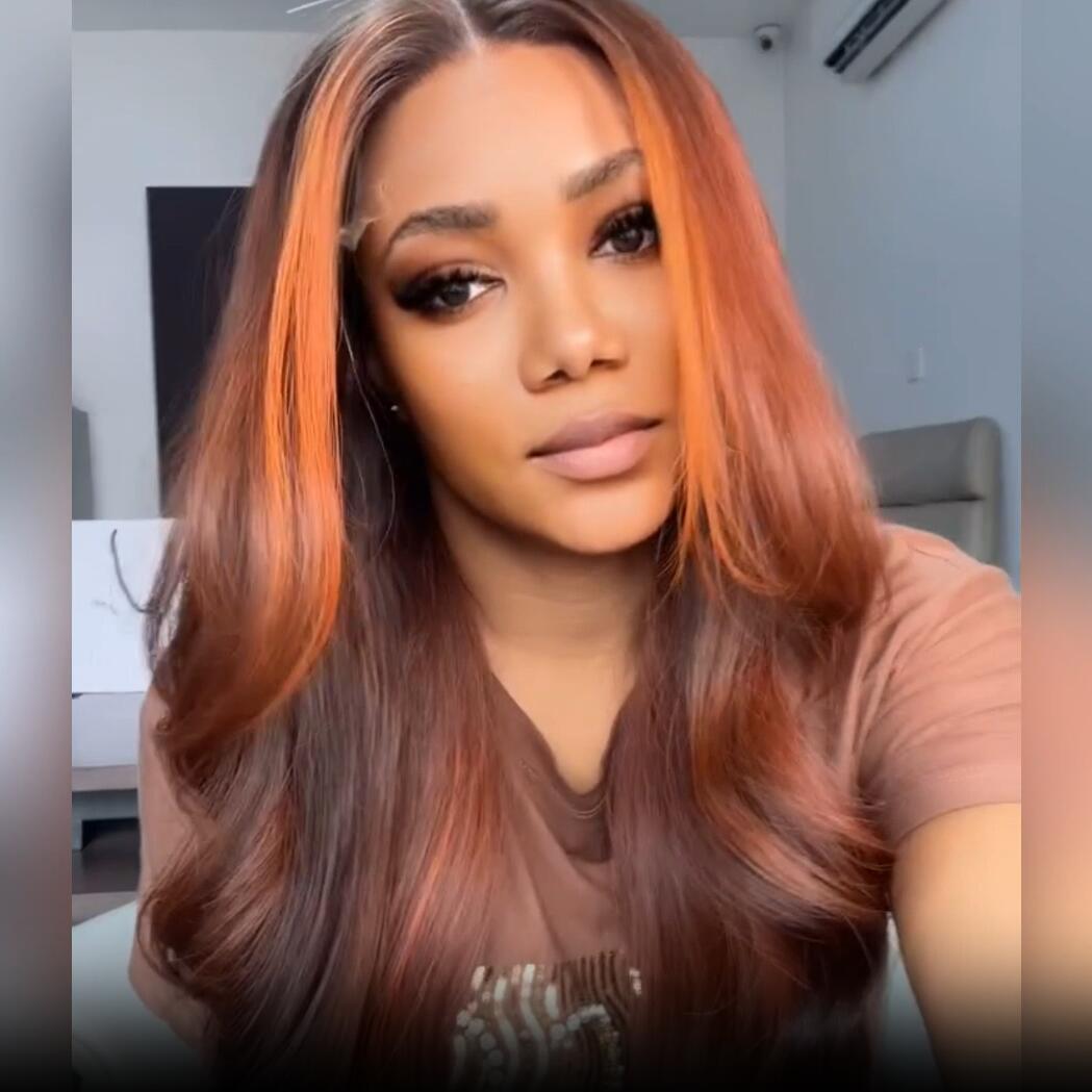 Dark Brown Highlight Body Wave HD Transparent Lace Front Wig Copper Color Face Frame Highlights Human Hair Wigs