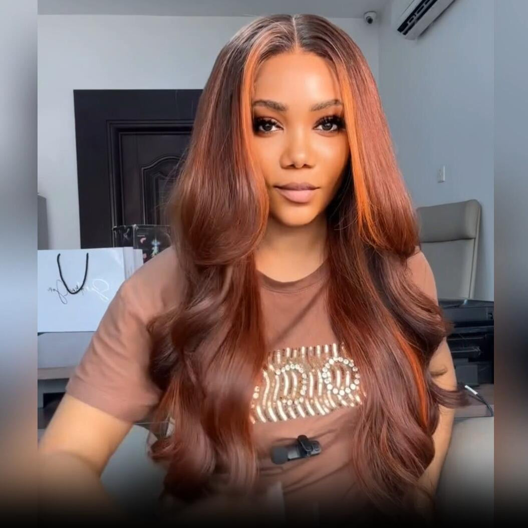 Dark Brown Highlight Body Wave HD Transparent Lace Front Wig Copper Color Face Frame Highlights Human Hair Wigs