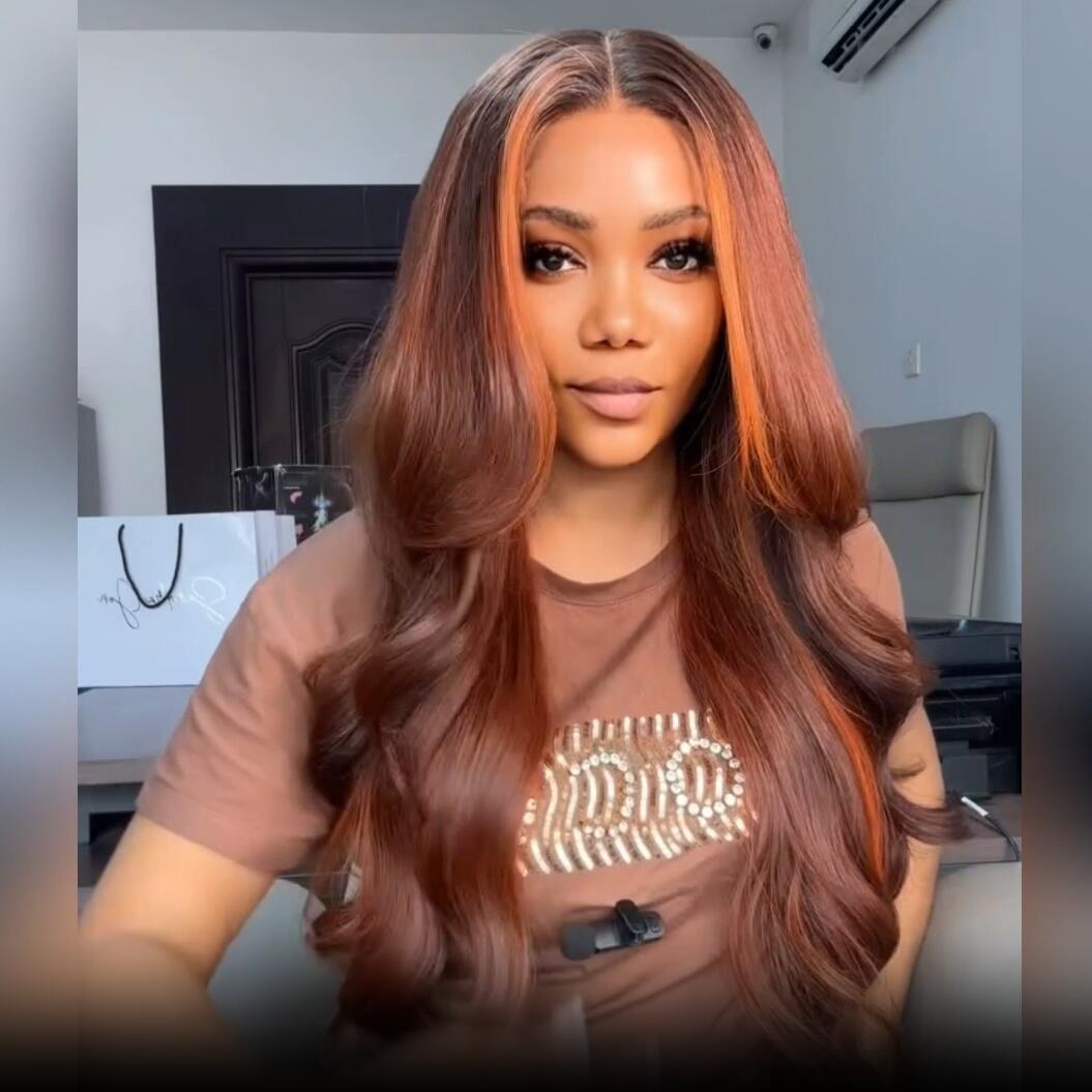 Dark Brown Highlight Body Wave HD Transparent Lace Front Wig Copper Color Face Frame Highlights Human Hair Wigs