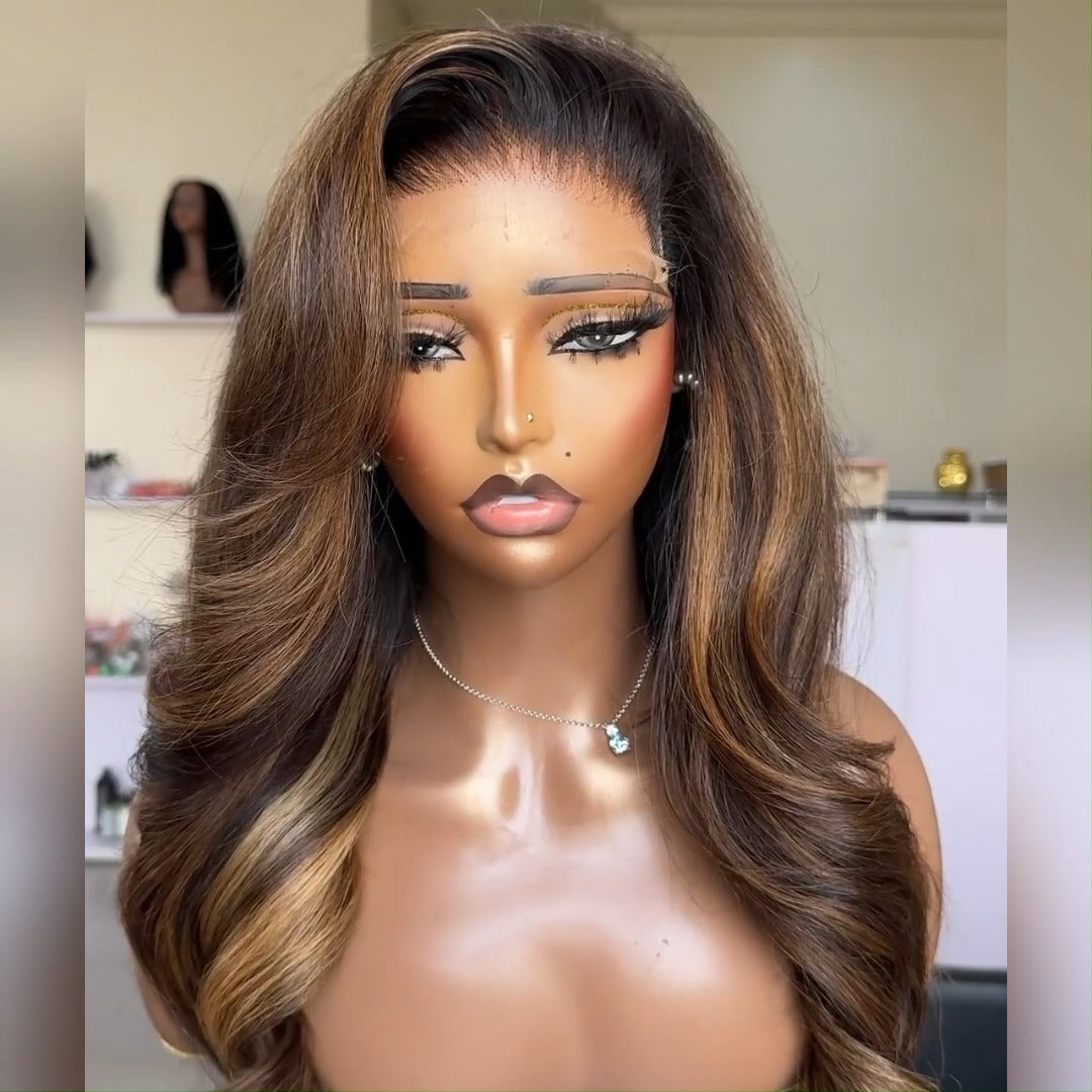 Dark Brown Highlight Wig Long Natural Wavy 13x4 Lace Front Wigs For Women Pre Plucked With Baby Hair