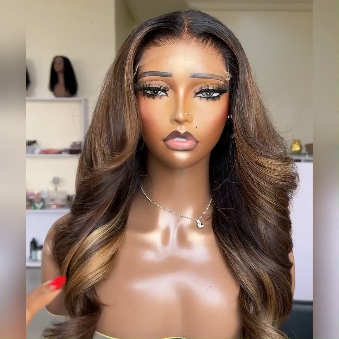 Dark Brown Highlight Wig Long Natural Wavy 13x4 Lace Front Wigs For Women Pre Plucked With Baby Hair