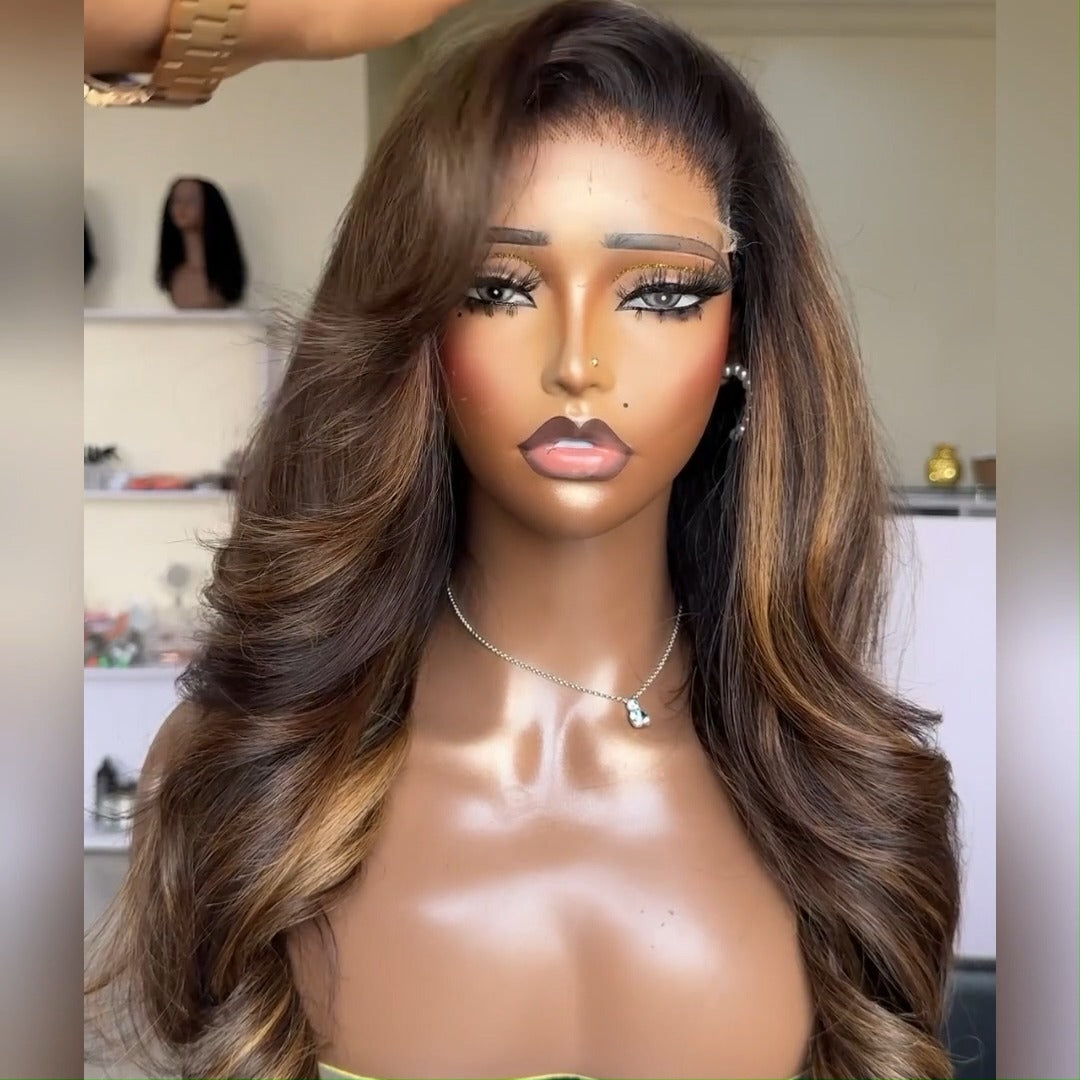 Dark Brown Highlight Wig Long Natural Wavy 13x4 Lace Front Wigs For Women Pre Plucked With Baby Hair