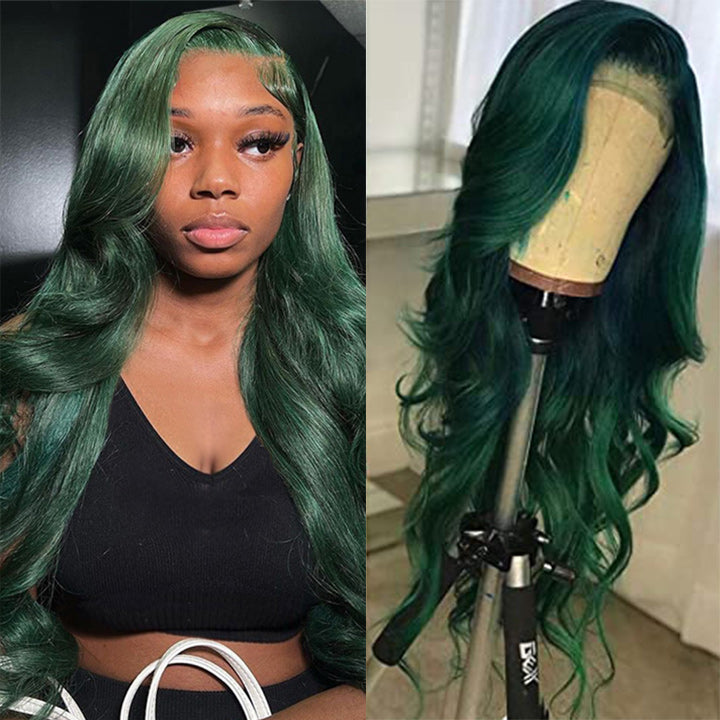 Xmas Sale Dark Green Body Wave HD Transparent Lace Wig Blackish Green Pre Plucked Human Hair Wigs