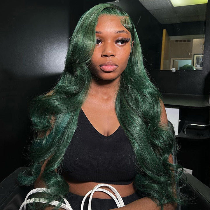 Xmas Sale Dark Green Body Wave HD Transparent Lace Wig Blackish Green Pre Plucked Human Hair Wigs