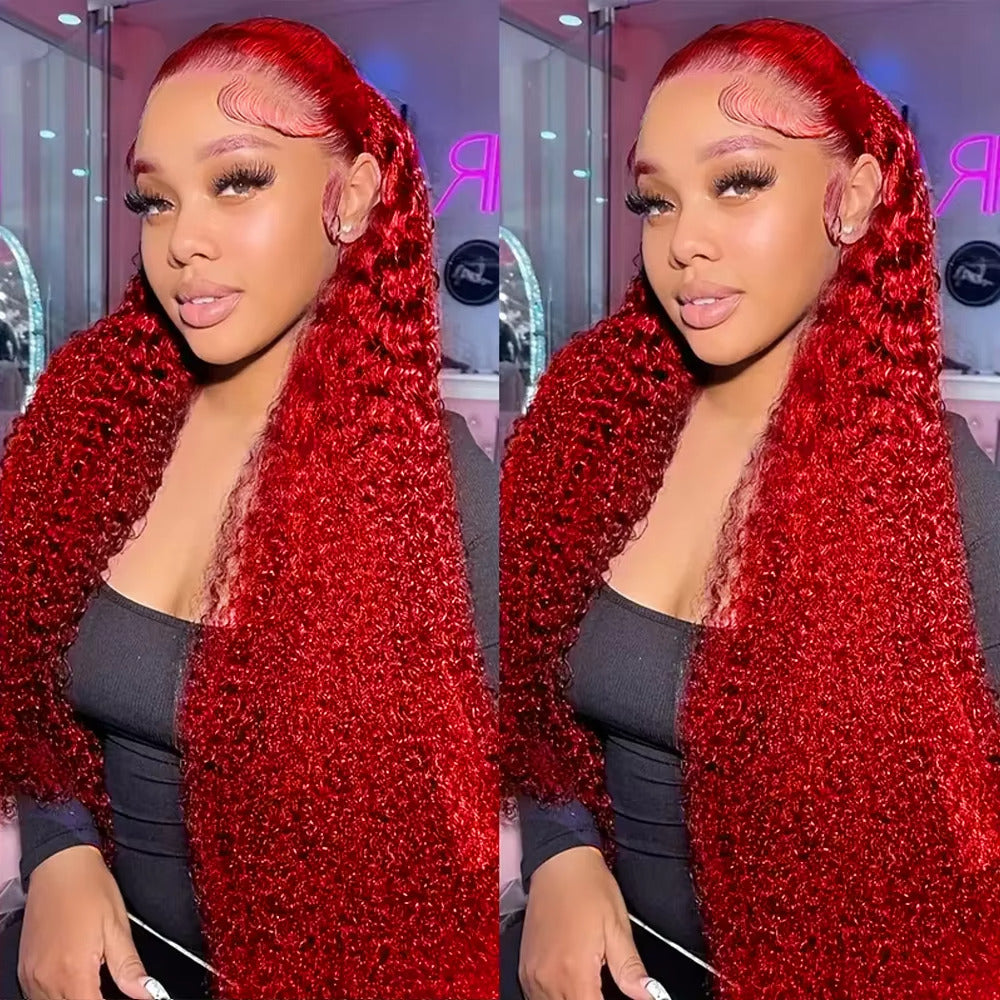 Deep Wave Red Color Lace Front Human Hair Curly Full Lace Front Human Hair 180% Lace Wigs Pre Plucked