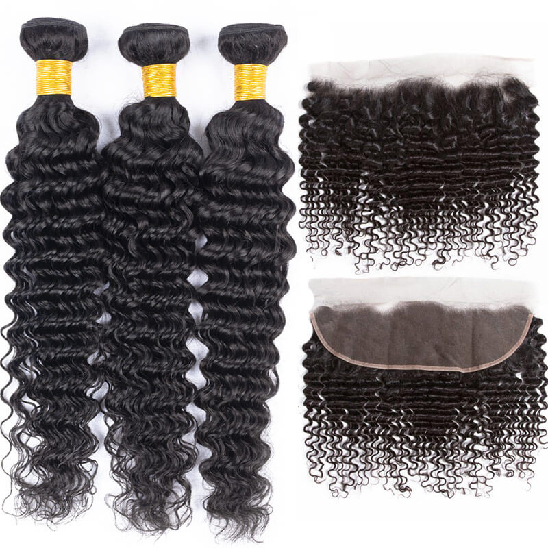 Geetahair Deep Wave 3 Bundles With 13x4 Lace Frontal Virgin Humam Hair