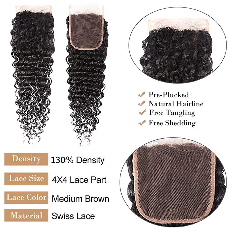 GeetaHair Deep Wave 4 Bundles with 4x4 Lace Closure Unprocessed Virgin Hair