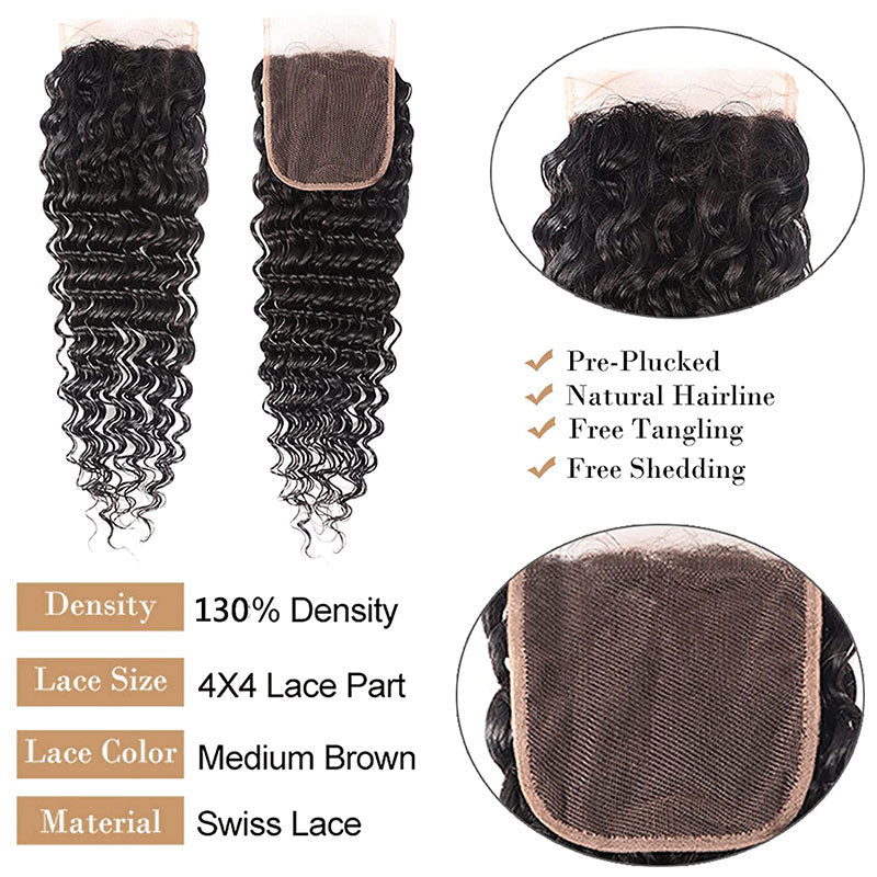 GeetaHair Deep Wave 4 Bundles with 4x4 Lace Closure Unprocessed Virgin Hair