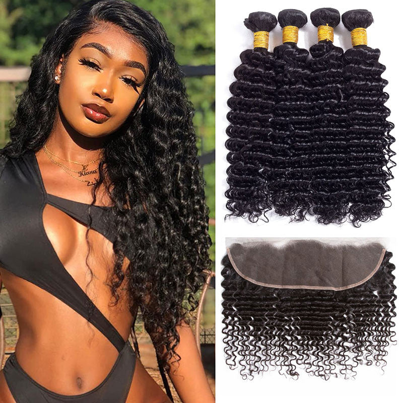 GeetaHair Deep Wave 4 Bundles with 13x4 Lace Frontal Virgin Human Hair Extensions