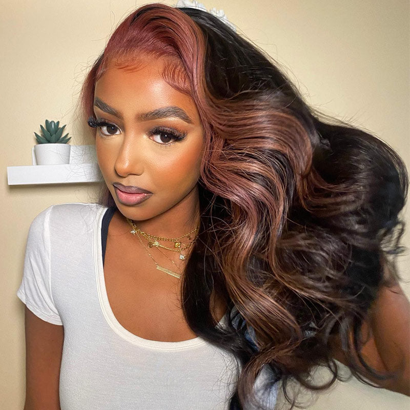 Dry Rose Highlight Ombre Color Wig 13x4 Transparent Lace Frontal Body Wave Hair Pre Plucked With Baby Hair-Geetahair