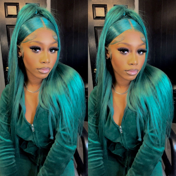 Funky Colored Wigs | Emerald Green Straight 4x4/13x4 Lace Closure/Frontal Wig Pre plucked with Baby Hair HD Transaparent Lace Wigs