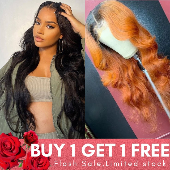 Flash Sale: Buy 13*4 HD Lace Body Wave Wig, Get 13*4 Orange Ginger Body Wave Wig With Black Roots For Free