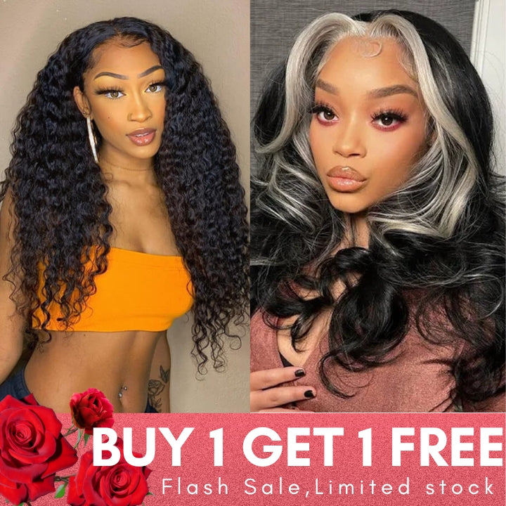 Flash Sale: Buy 180% Density Deep Wave 13*6 HD Lace Wig, Get 4*4 Skunk Stripe Bob Wig For Free