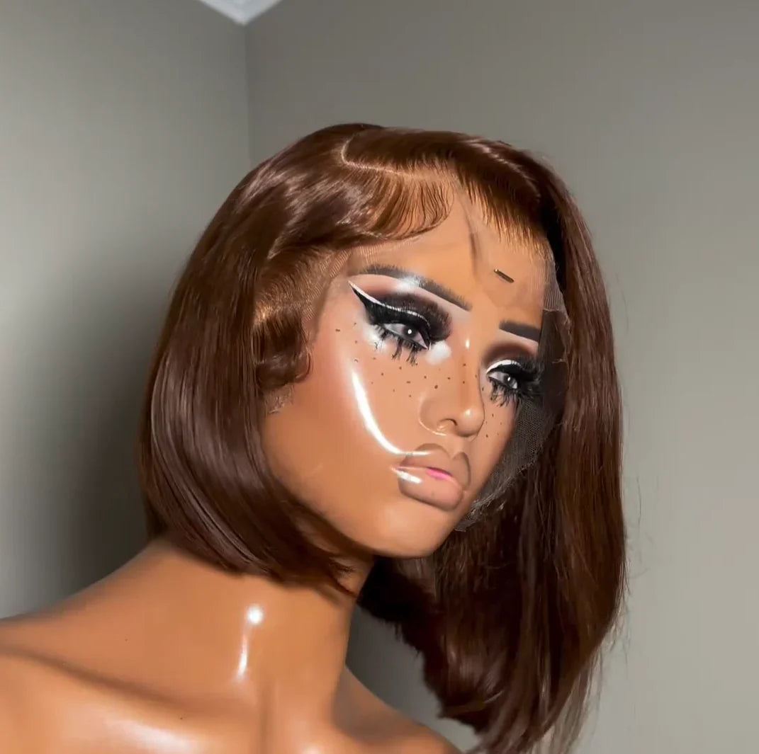 Flash Sale Brown Glueless Wigs Short Bob Straight Side Part Pre Cut Lace Wigs Pre- plucked Lace Front Wigs