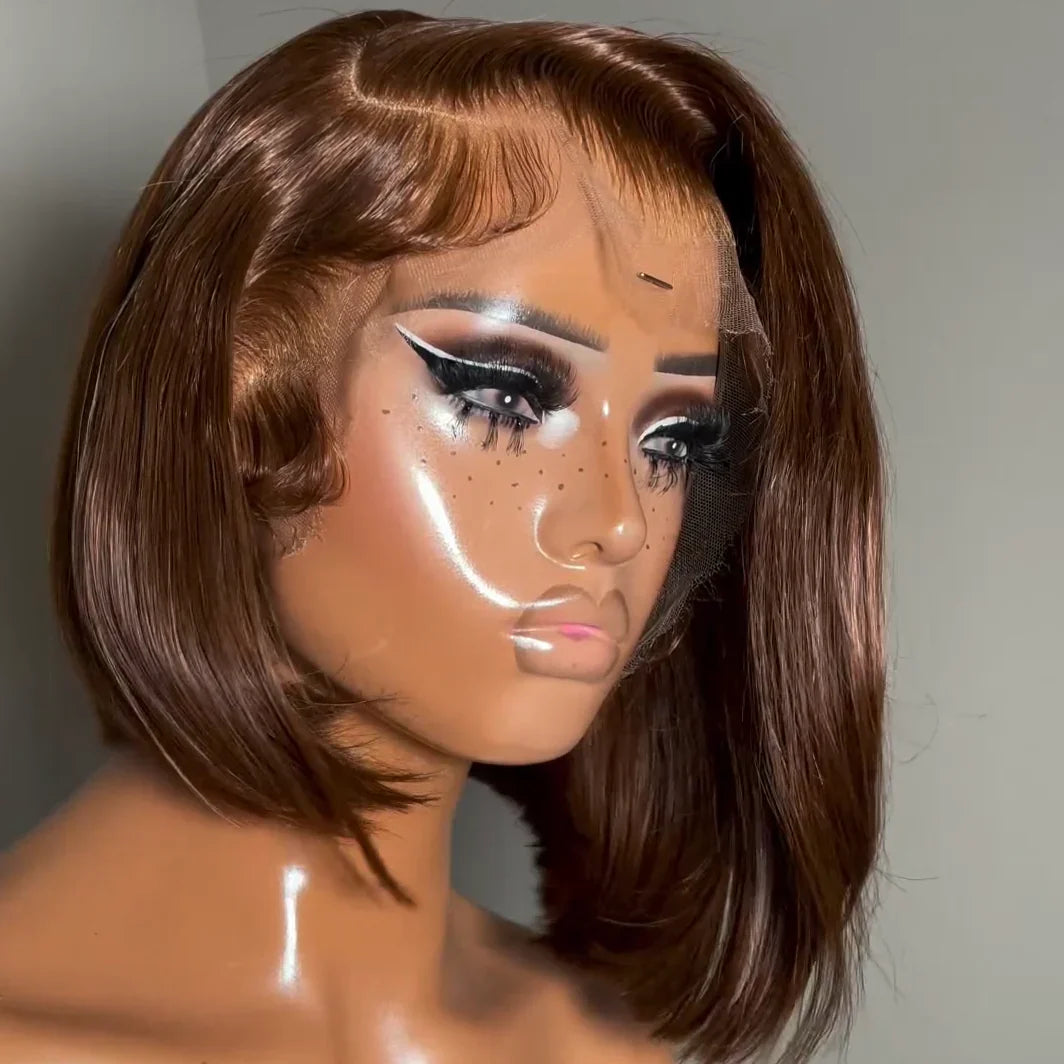 Flash Sale Brown Glueless Wigs Short Bob Straight Side Part Pre Cut Lace Wigs Pre- plucked Lace Front Wigs
