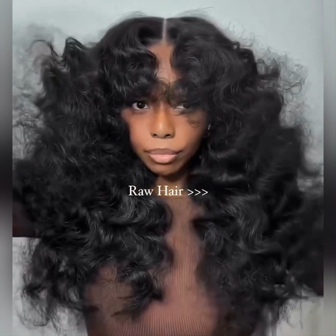 Fluffy Loose Wave Curtain Bangs Wig 13x4 Lace Front Wigs Human Hair With Bangs 250% Density