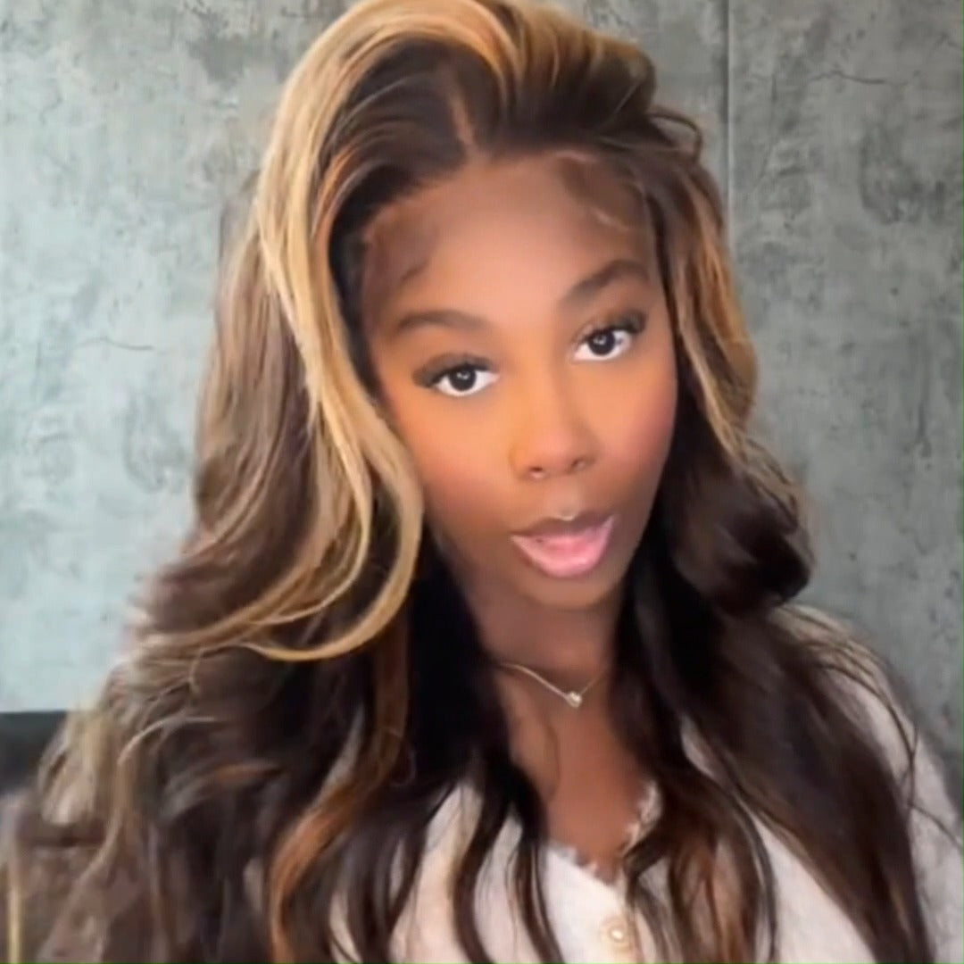 Funky Colored Wigs | Curtain Bangs Glueless Wigs Honey Blodne With Brown Highlight Body Wave HD Lace Wig