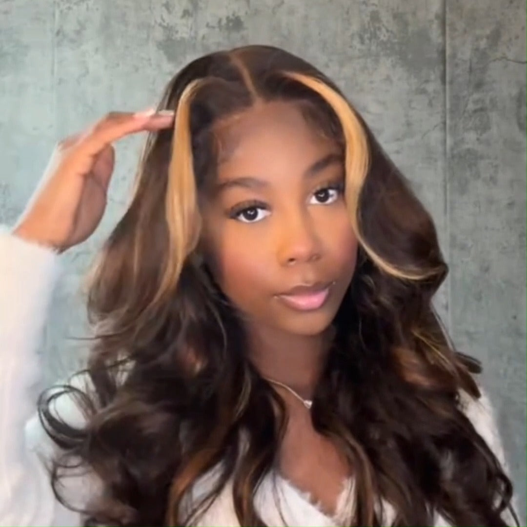 Funky Colored Wigs | Curtain Bangs Glueless Wigs Honey Blodne With Brown Highlight Body Wave HD Lace Wig