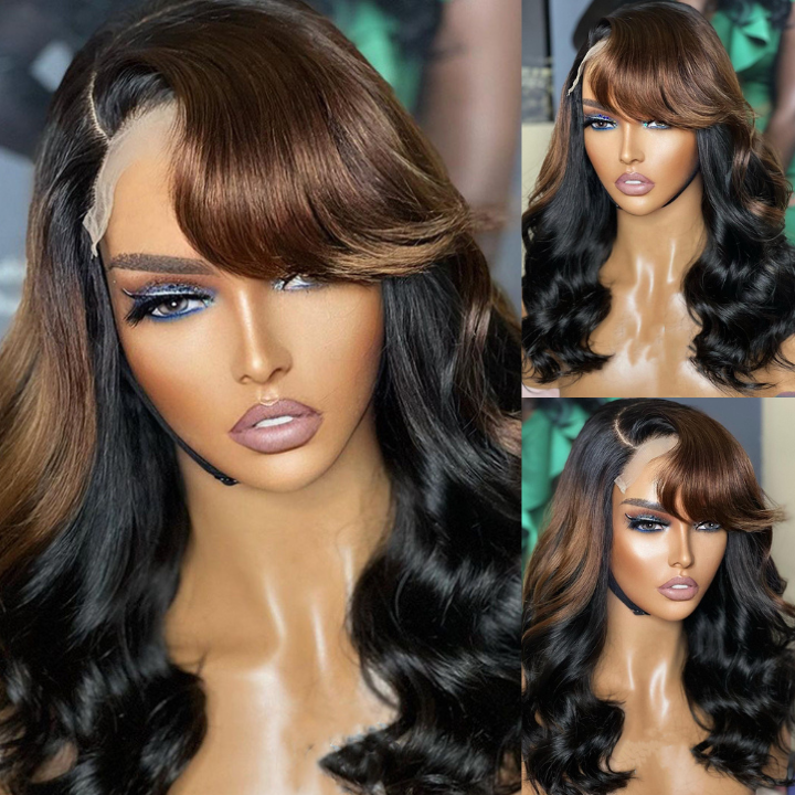 Funky Colored Wigs | Glueless 13x4/6x4.5 Money Piece Brown Mix Black Loose Wave Pre Cut HD Transaparent Lace Human Hair Wigs-Geeta Hair