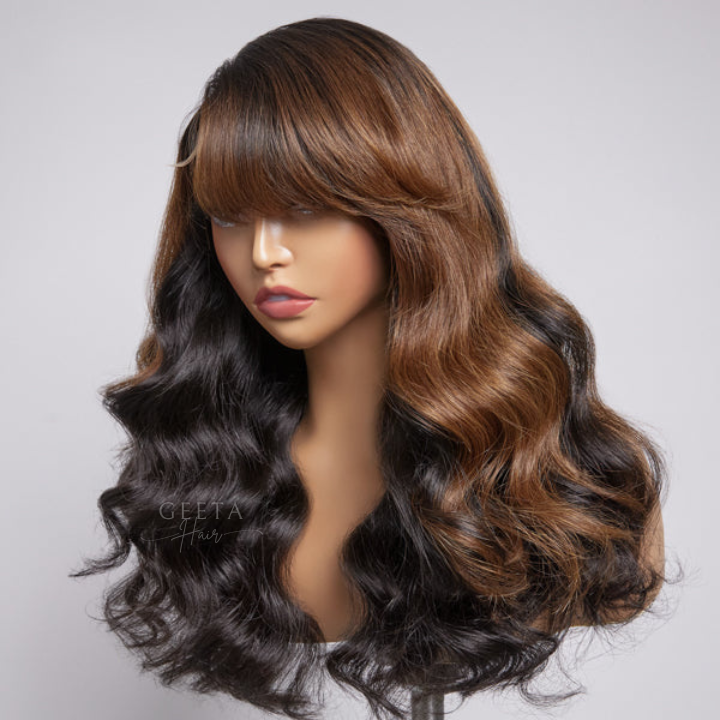 Funky Colored Wigs | Glueless 13x4/6x4.5 Money Piece Brown Mix Black Loose Wave Pre Cut HD Transaparent Lace Human Hair Wigs-Geeta Hair