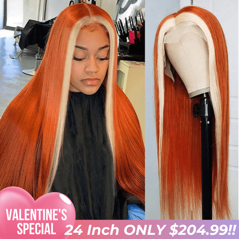 Tax Return Sale Ginger Color With #613 Blonde Streaks Skunk Stripe Wig Straight Hair Colored Wig Tranparent Lace Frontal 100% Virgin Human Hair Wig-Geeta Hair
