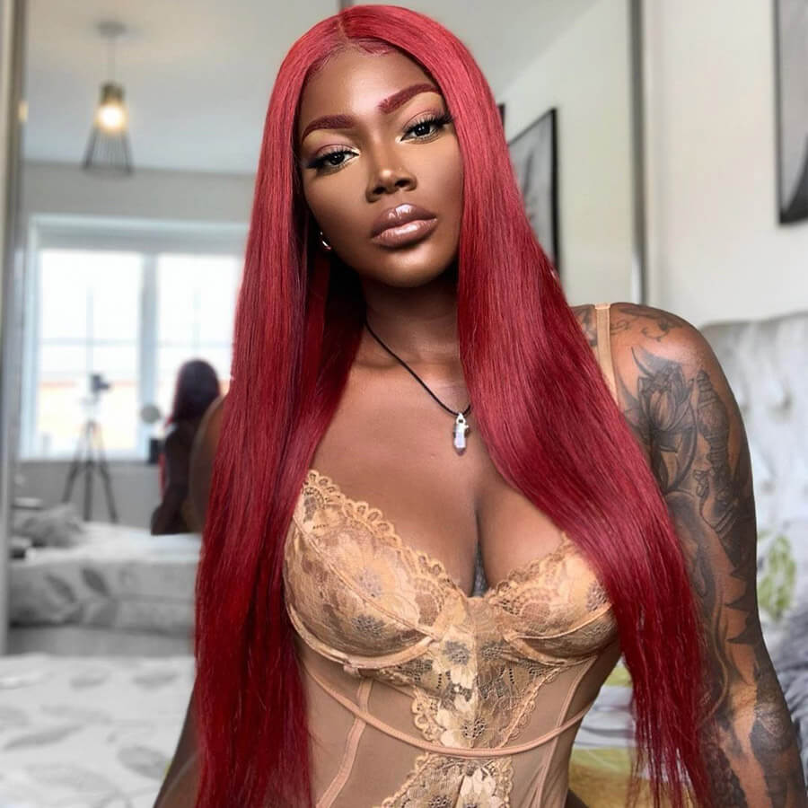 Long Straight Hair 99j Burgundy T Part Lace Front Wig Glueless Pre Plucked With Baby Hair 100% Virgin Human Hair Wig-Geeta Hair
