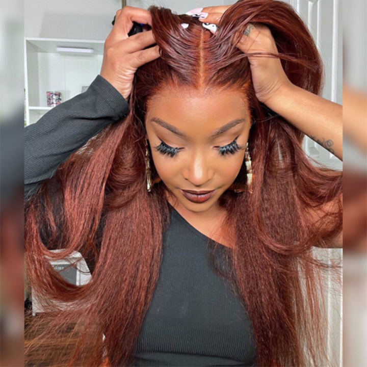 Wear Go Glueless Reddish Brown Kinky Straight 6x5 Pre Cut Lace Human Hair Wigs 180% Density