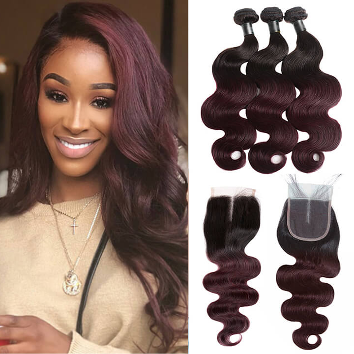 GeetaHair Brazilian Body Wave 3 Bundles With 4x4 Lace Closure Ombre Burgundy 100% Real Human Hair Extensions