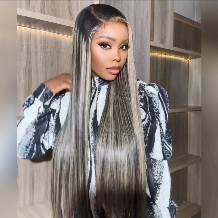 Glueless Platinum Gray Highlight Silky Straight Human Hair Wigs-Geeta Hair