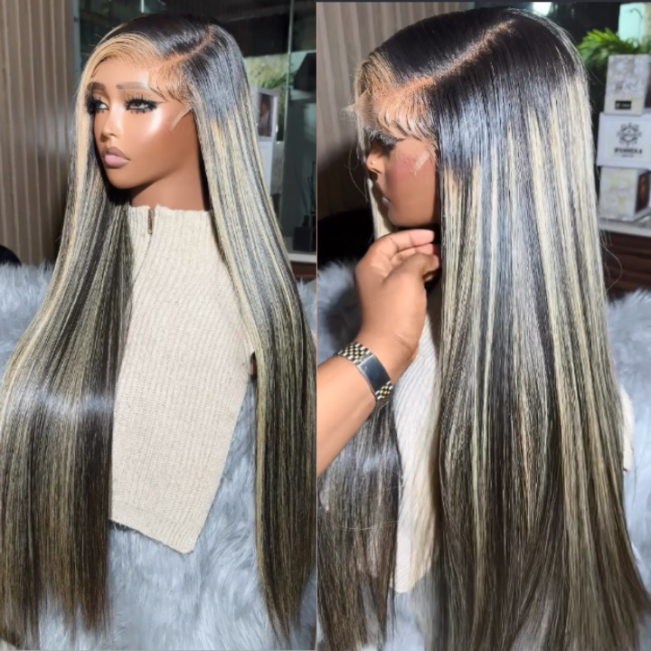 Glueless Platinum Gray Highlight Silky Straight Human Hair Wigs-Geeta Hair
