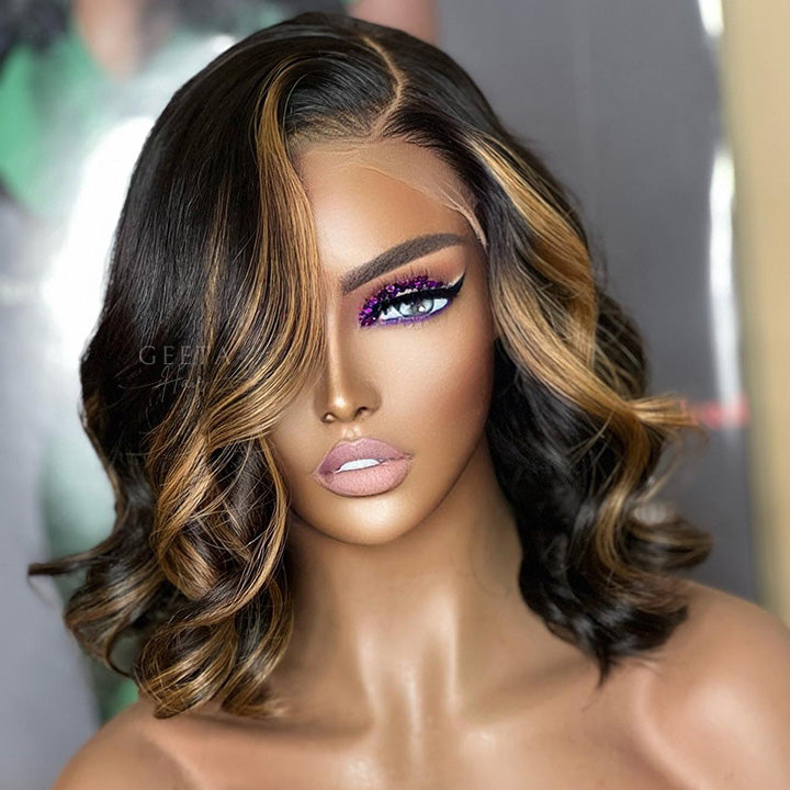 Highlight Honey Blonde Body Wavy 13x4 Lace Front Short Bob Wig Glueless Human Hair Wig-Geeta Hair