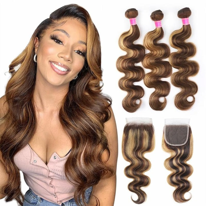 GeetaHair Highlight P4/27 Straight/Body Wave Human Hair 3 Bundles With 4x4 Lace Closure 100% Human Hair Extension Weaves