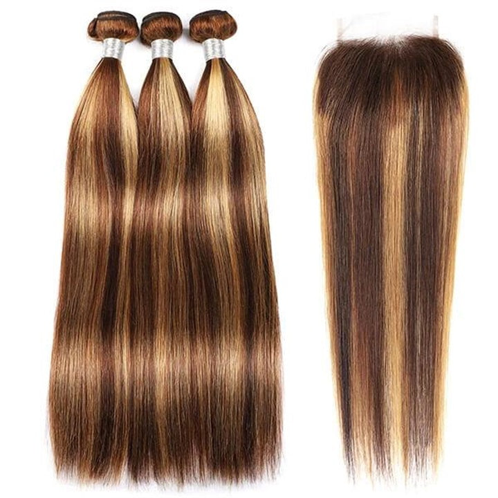 GeetaHair Highlight P4/27 Straight/Body Wave Human Hair 3 Bundles With 4x4 Lace Closure 100% Human Hair Extension Weaves