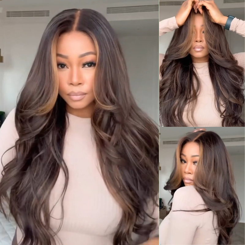 Geeta Hair Money Piece Layered Cut Glueless Wigs 13x4 HD Lace Front Human Hair Wig Pre Plucked