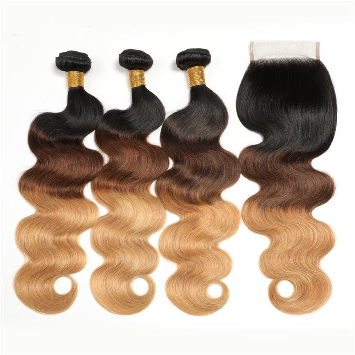 GeetaHair Ombre Blonde Body Wave Human Hair 3 Bundles With 4x4 Lace Closure 100% Human Hair Extension Weaves