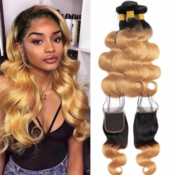GeetaHair Ombre Blonde Straight/Body Wave 3 Bundles With 4x4 Lace Closure Unprocessed 100% Real Human Hair Extensions