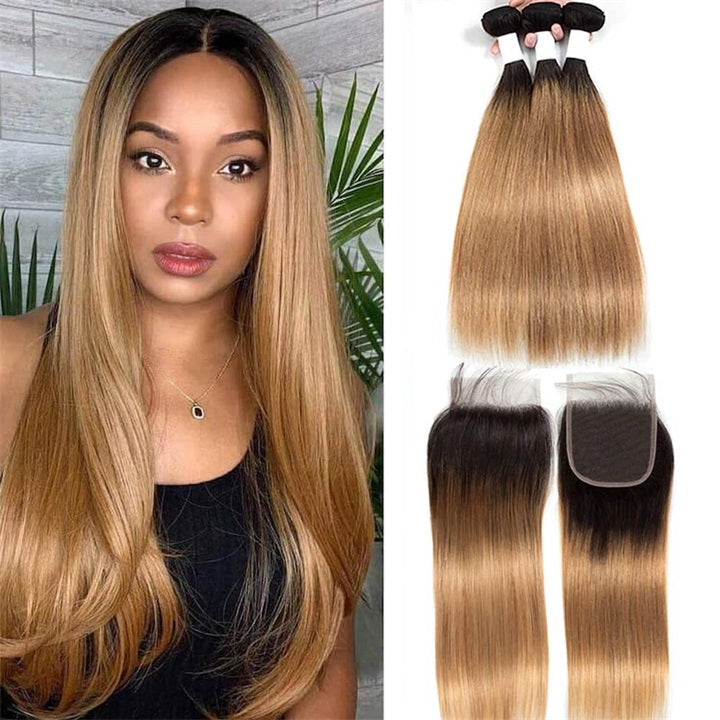 GeetaHair Ombre Blonde Straight/Body Wave 3 Bundles With 4x4 Lace Closure Unprocessed 100% Real Human Hair Extensions