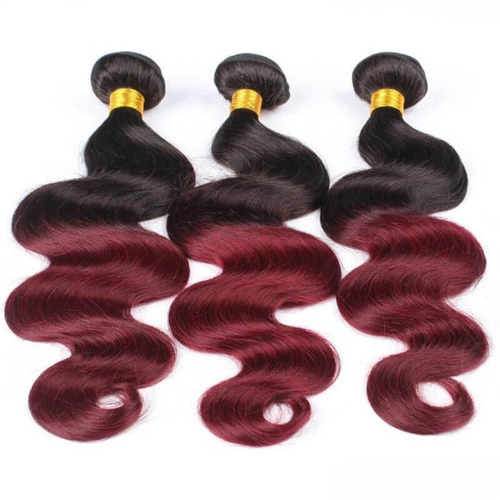 GeetaHair Ombre Burgundy Body Wave Human Hair 3 Bundles With 4x4 Lace Closure 1B99J 100% Human Hair Extension Weaves